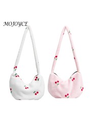 Female Fashion Cherry Pattern Shoulder Bag Winter Mobile Phone Top Handle Bag Warm Plush Tote Decorative Handbag