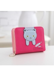 Card Portable Hasp Coin Zipper Closure Gift Cute Cat Money Folding Short PU Leather Cartoon Women Wallet