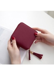 Zipper Closure Soft Short With Tassel Drop Smooth Daily Solid Square PU Leather Fashion Women Wallet