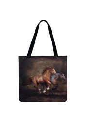 Reusable Linen Shopping Bags Casual Ladies Animal Horse Printed Pattern Tote Square Large Capacity Storage Bag