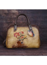 OYIXINGER Vintage Women Bag Genuine Leather Retro Women Shoulder Bags China Style Handmade Ladies Handbag Embossed Boston Bags