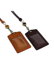 New Fashion ID Badge Holder First Layer Leather High Quality Handmade 100% Genuine Leather Stretch Work ID Hanging Neck Badge Tag