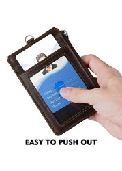 Badge Holder with Zipper, PU Leather ID Badge Card Holder Wallet with 5 Card Slots, 1 Side RFID Blocking Pocket and 20 Inch Neck