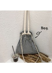 Shopping Bags For Women Plaid Casual Drawstring Adjustable Ins Cute Students Shopper Bag Korean Style