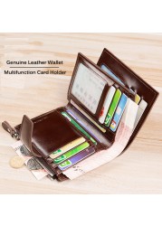 Men's Genuine Leather RFID Blocking Trifold Wallet Short Vintage Multifunctional Credit Card Holder Coin Zipper Pocket Money Bags