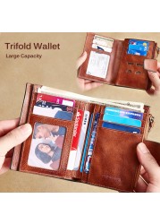 Men's Genuine Leather Wallet Vintage Short Multifunctional Business Card Holder RFID Blocking Zipper Coin Pocket Money Clip