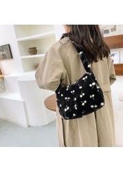 Fashion Women Plush Soft Shoulder Bag Cherry Print Underarm Bag for Women 2021 New Autumn Winter Handbags and Purses