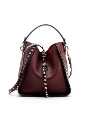 Genuine leather rivet bucket bag, purses and handbags luxury designer studded cowhide ladies shoulder bag with crossbody strap