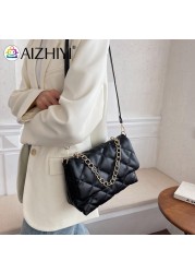 Women's PU Leather Diamond Lattice Shoulder Bag Lady Embroidery ThreadChain Flap Crossbody Bag