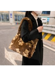 Women Plush Fur Shoulder Bag Fluffy Canvas Bear Fur Bags Large Capacity Soft Shopping Bags Girls Cute School Bag