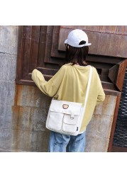 Women Canvas Multi-Pocket Shoulder Bag Student Fashion Zipper Crossbody Bag Middle School Reusable Eco-friendly Travel Book Bag