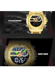 NAVIFORCE Men Military Sports Wrist Watch Gold Quartz Steel Waterproof Dual Display Male Clock Watches Relogio Masculino 9163