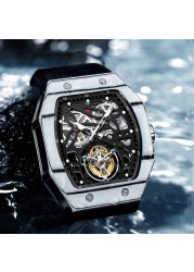 Aesop trending square flying tourbillon watch carbon fiber bezel mechanical men watches top quality red skeleton male watch