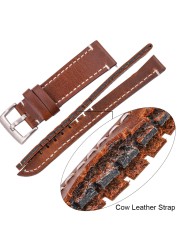 HENGRC - Genuine Cowhide Leather Watch Strap for Men and Women, Thickness 18, 20, 22, 24mm, Handmade, Retro, with Metal Buckles