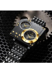 New Arrive Oulm Golden Luxury Brand Man Watch Stainless Steel Big Size Quartz Clock Two Time Zone Military Men Wristwatch