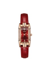 Luxury Fashion Women Watches Gift for Lady Red Leather Strap Simple Watch Case Rhinestone Rectangle Dial Clock Reloj De Mujer