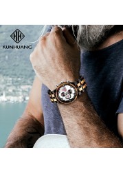 Reloj hombre KUNHUANG جديد ساعة خشبية الرجال العلامة التجارية الفاخرة كرونوغراف العسكرية ساعات كوارتز للرجل دروبشيبينغ مخصصة