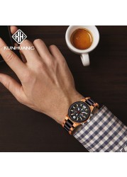 Kunhuang Luxury Wood Stainless Steel Men Watch Fashion Wooden Watches Chronograph Quartz Watches relogio masculino gift man