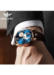 OUPINKE Men's Mechanical Watch Starry Sky Moon Phase Sapphire Crystal Glass Automatic Leather Business Wristwatch for Mature Male