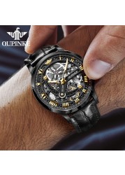 Top Brand OUPINKE Luxury Men's Mechanical Wristwatch Automatic Watch Men Classic Skeleton Leather Sapphire Waterproof