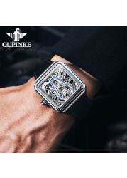 Upinki men's watch luxury automatic mechanical wrist watch square sapphire luminous leather strap men's watches 3181