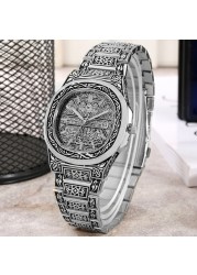 Retro Nostalgia Men's Watch Engraved Pattern Watch Alloy Steel Band Casual Wrist Watch Square Double Watch for Men Gift Father Gift