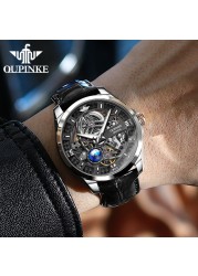 OUPINKE Watch Men Skeleton Design Automatic Watch 50M Waterproof Sapphire Leather Strap Men Mechanical Wristwatches 3268