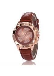 Popular windmill diamond inlaid women's quartz watch leisure bamboo style leather strap