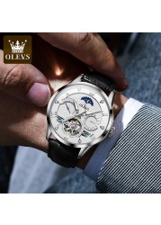 OLEVS New Luxury Men Automatic Mechanical Watch Waterproof Luminous Hollow Watches for Men Leather Strap Moon Phase Calendar