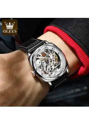 OLEVS Watch for Men Luxury Brand Diamond Automatic Mechanical Wristwatches Skeleton Design Waterproof Leather Men's Watches