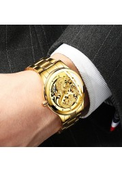 FNGEEN Mens Watches Luxury Brand Chinese Golden Dragon Quartz Watch Diamond Dial Stainless Steel Watch Male Relogio Masculin