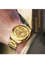 FNGEEN Mens Watches Luxury Brand Chinese Golden Dragon Quartz Watch Diamond Dial Stainless Steel Watch Male Relogio Masculin