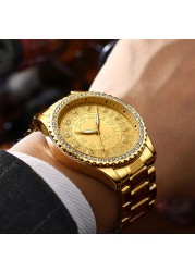 FNGEEN Mens Watches Luxury Brand Chinese Golden Dragon Quartz Watch Diamond Dial Stainless Steel Watch Male Relogio Masculin