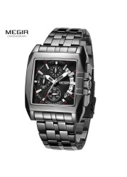 MEGIR Full Black Watches Men Luxury Chronograph Quartz Watch for Man Square Dial Luminous Wristwatch Relogios Relogios Reloj