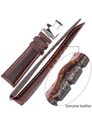 Soft Antique Watch Strap for Men and Women, Dark Brown, Genuine Leather, Metal, Butterfly Deployment Buckle, 18-24mm