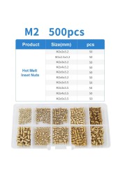 90-500 قطعة M2 M2.5 M3 M4 M5 M6 النحاس الساخن تذوب المكسرات مجموعة متنوعة موضوع النحاس مخرش الخيوط إدراج Embedment المكسرات مجموعة