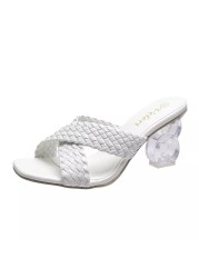 2022 summer new woven high heel crystal square toe fashion ladies sandals beach slippers casual women's shoes