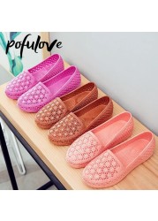 Pofulove Flats Shoes Women Hollow Out Slip On Casual Nursing Shoes Summer Loafers Female Sandals Shallow Beach Breathable Zapatos