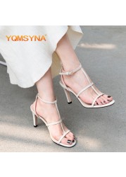 YQMSYNA Elegant Women Sandals Fashion Gladiator Thin Heels Buckle Strap Thin Strap Sandals Handmade Party Women's Shoes AS100