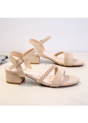 Pofulove Beige Boxes Mid Muffin Women Summer Shoes Female Fashion Open Toe Buckle Casual Sandals Square Heel Women's Shoes 2022