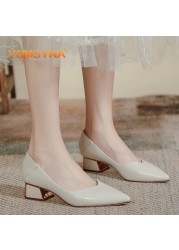 YQMSYNA Women Shoes Casual Pumps Fashion Pointed Toe Metal Beading Square Heel Pumps Street Style Slip On High Heel Shoes W39