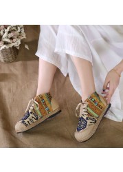 Embroidered Women Shoes Boho Cotton Linen Single Canvas National Woven Round Toe Lace Up Cloth Shoes Woman Flats Size 35-40