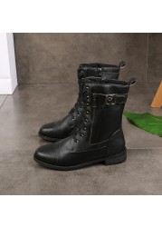 Black Women Shoes Fashion Platform Shoes PU Leather Lace-up Side Zip Thick Bottom Low Heel Short Socks Female Shoes