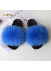 Women Summer Fluffy Fur Slippers Flat Non-slip Solid Real Furry Fur Slides Platform Shoes Plush Fur Sandals Flip Flops Women