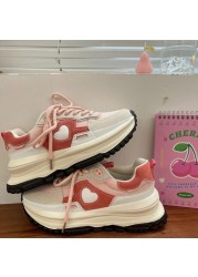 QWEEK 2022 New Korean Women Sneakers Strawberry Pink Kawaii Love Sports Daddy Shoes Versatile Casual Platform Vulcanize Tennis