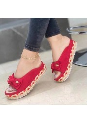 Women Bowknot Slippers Braided Straps Outdoor Sandals Thick Bottom Casual Open Toe Flat Shoes Female Straw Woven Soft Slippers