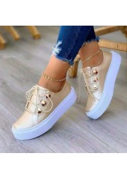 Rimocy Shiny PU Leather Thick Bottom Sneakers Woman Plus Size 43 Lace Up Platform Shoes Women Gold Silver Flats Zapatos De Mujer