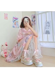 Kawaii المرأة صنادل أرضية القوس المرقعة Zapatillas Mujer 2022 الربيع اليابانية نمط مشبك أجراس الفتيات جميلة لوليتا الأحذية