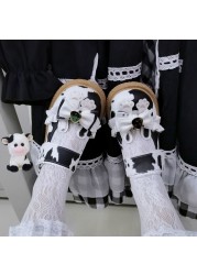 Kawaii Cow Print Girls Mary Janes 2022 Japanese Style Patchwork PU Bow Lolita Spring Shoes Black White Lace Zapatillas Mujer