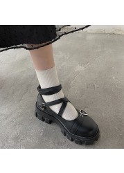 Sweet Lolita Platform Shoes Round Head Thick Heel Cross Bandage Shoes Women Kawaii Shoes Cosplay Mary Jane Shoes Heart Buckle S1